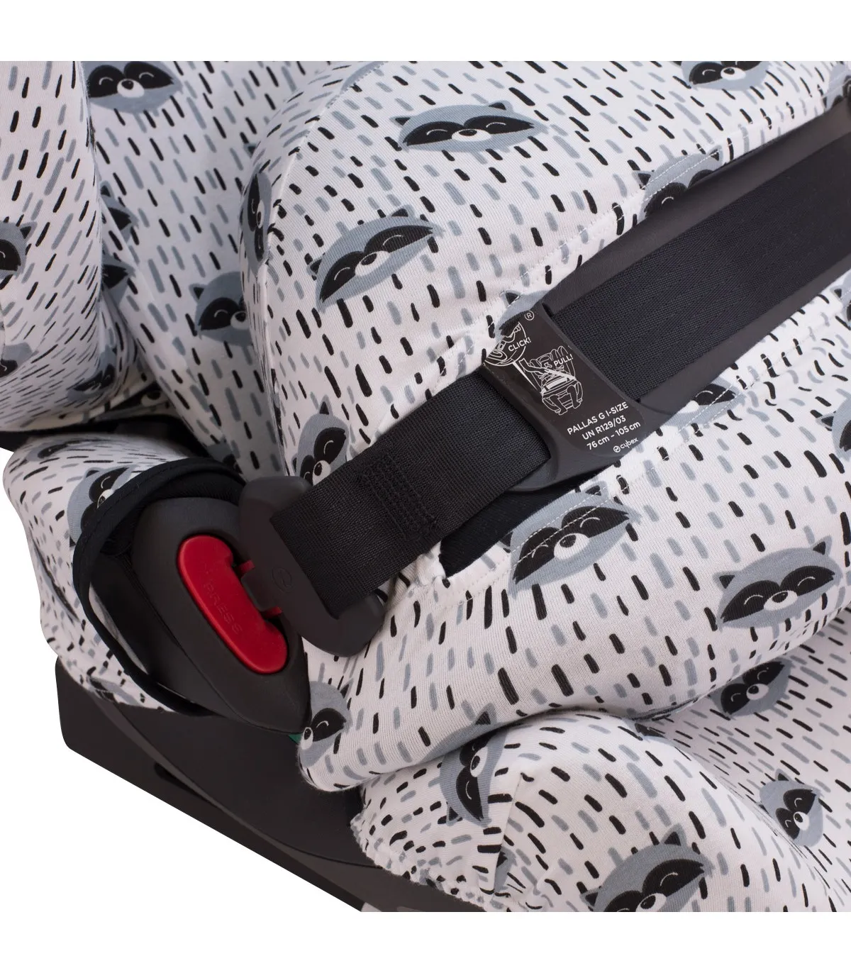 Cybex Pallas G i size - Vista lateral con correas de seguridad Racoon Town