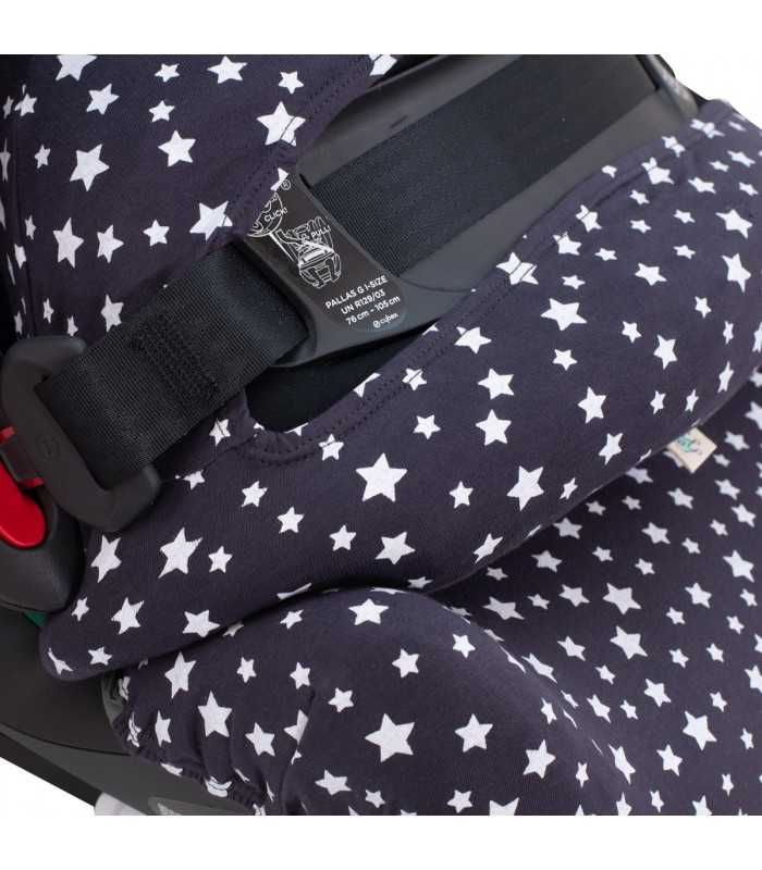 Cybex Pallas G i Größe – Seitenansicht mit Sicherheitsgurten Winter Sky