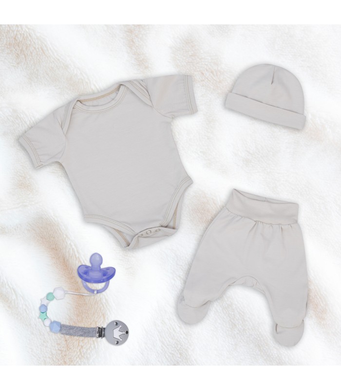 Cream First Wear Set with Pacifier Holder - 1