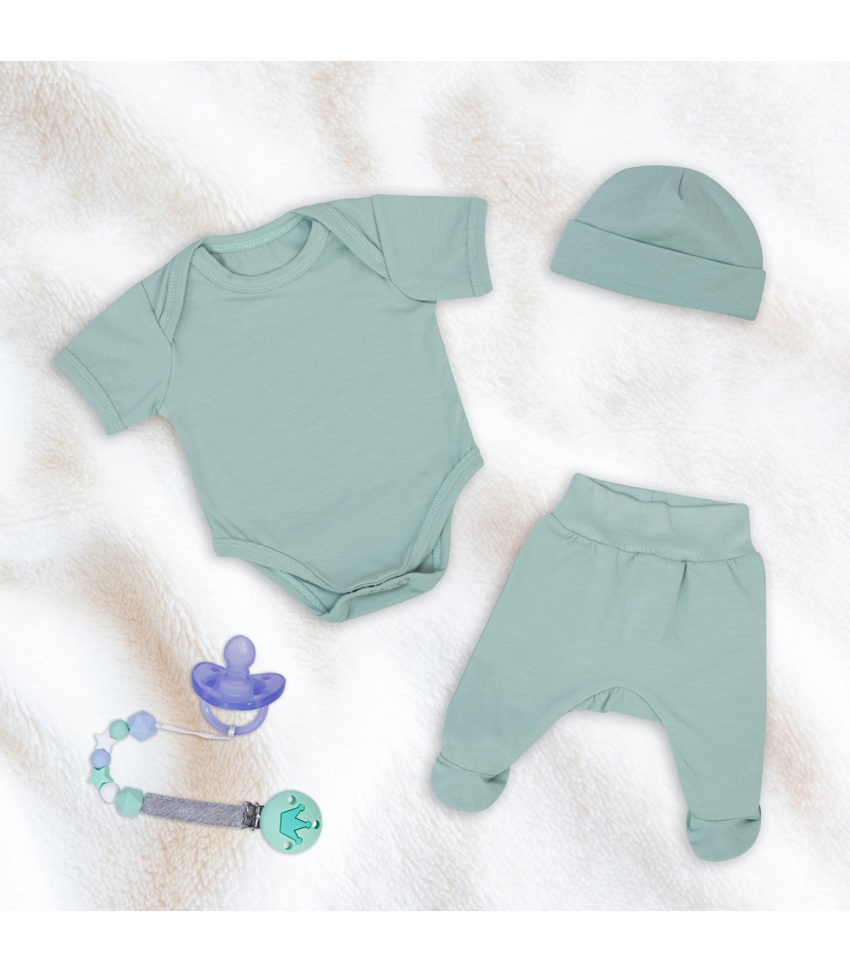 Pastel Green First Wear Set with Pacifier Holder - 2