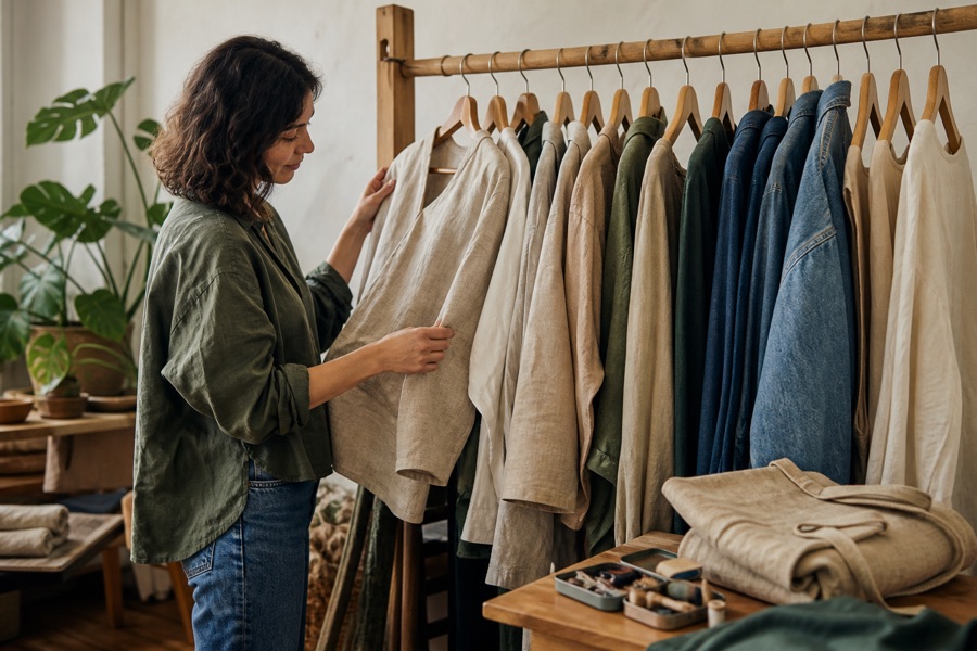 Seleção de roupa em tecidos naturais
